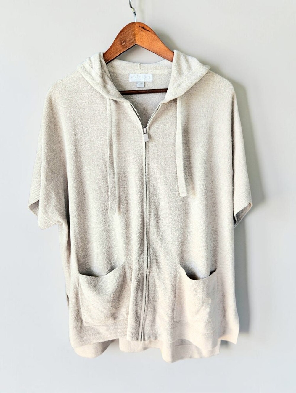 Barefoot Dreams Cozy Chic Zip Hoodie Short Sleeve Womens XS Oversized Beige Top
